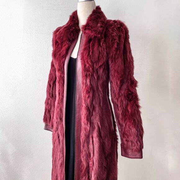 Vintage 70s Genuine Rabbit Fur & Leather Coat Long Jacket Sz M Maroon Burgundy - Picture 4 of 11